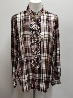 Chico's Plaid Ruffle-Front Women's Blouse Size 12/14